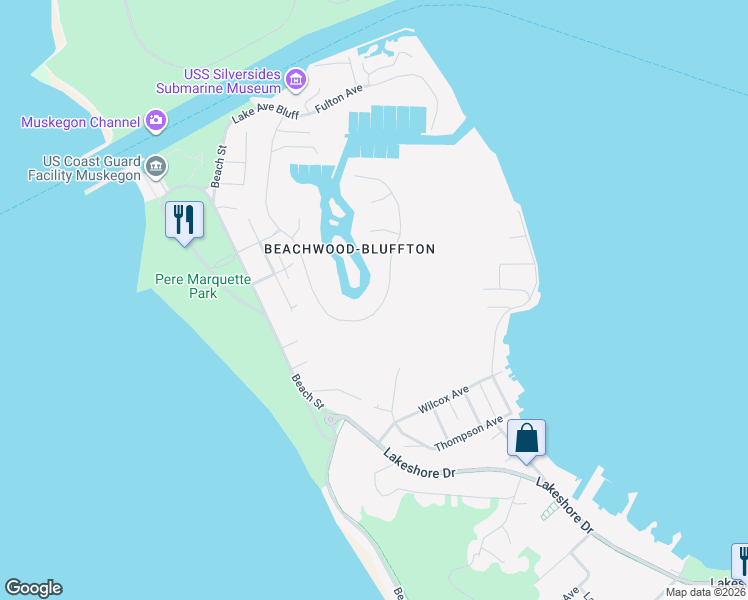 map of restaurants, bars, coffee shops, grocery stores, and more near 1623 East Harbour Towne Circle in Muskegon