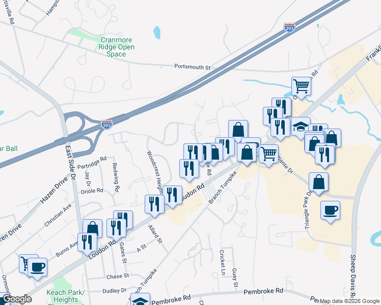 map of restaurants, bars, coffee shops, grocery stores, and more near 44 Pine Acres Road in Concord
