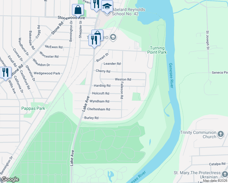 map of restaurants, bars, coffee shops, grocery stores, and more near 124 Harding Road in Rochester