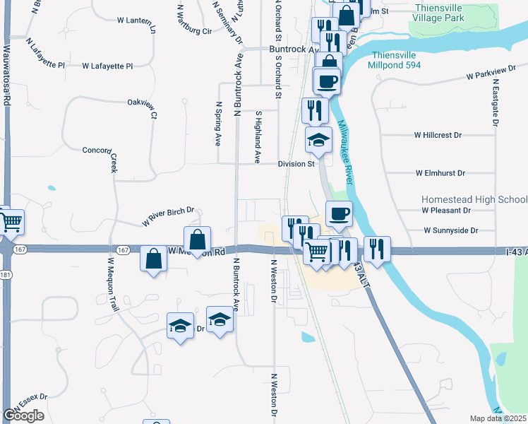 map of restaurants, bars, coffee shops, grocery stores, and more near 11352 North Buntrock Avenue in Mequon