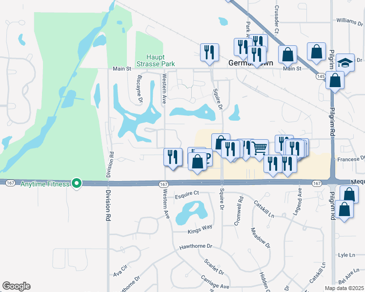 map of restaurants, bars, coffee shops, grocery stores, and more near W168N11374 Western Avenue in Germantown