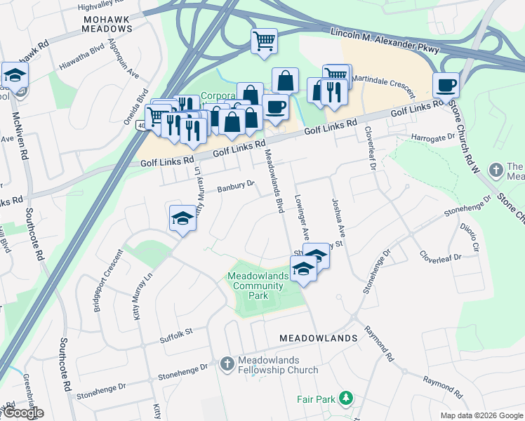map of restaurants, bars, coffee shops, grocery stores, and more near 110 Citation Crescent in Hamilton
