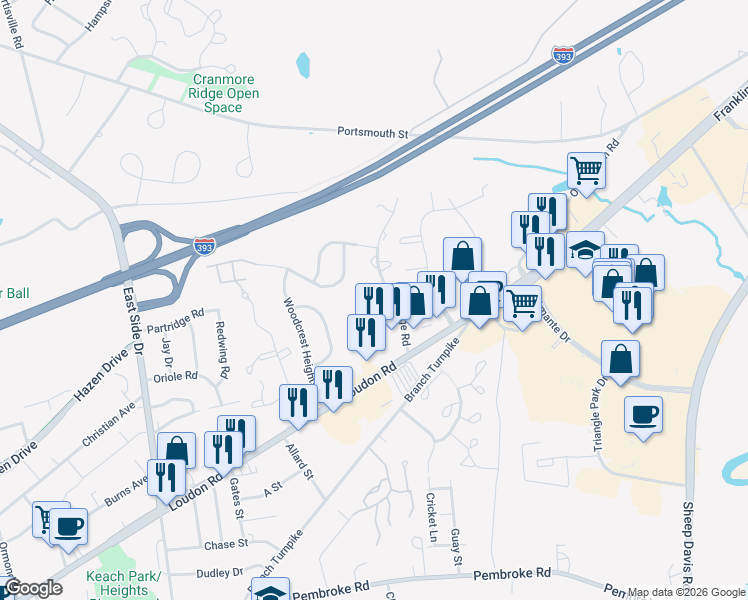 map of restaurants, bars, coffee shops, grocery stores, and more near 44 Pine Acres Road in Concord