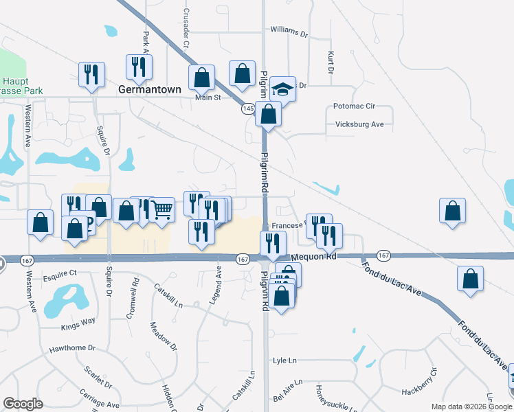 map of restaurants, bars, coffee shops, grocery stores, and more near N114W15640 Sylvan Circle in Germantown