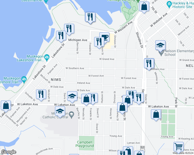 map of restaurants, bars, coffee shops, grocery stores, and more near 989 West Forest Avenue in Muskegon