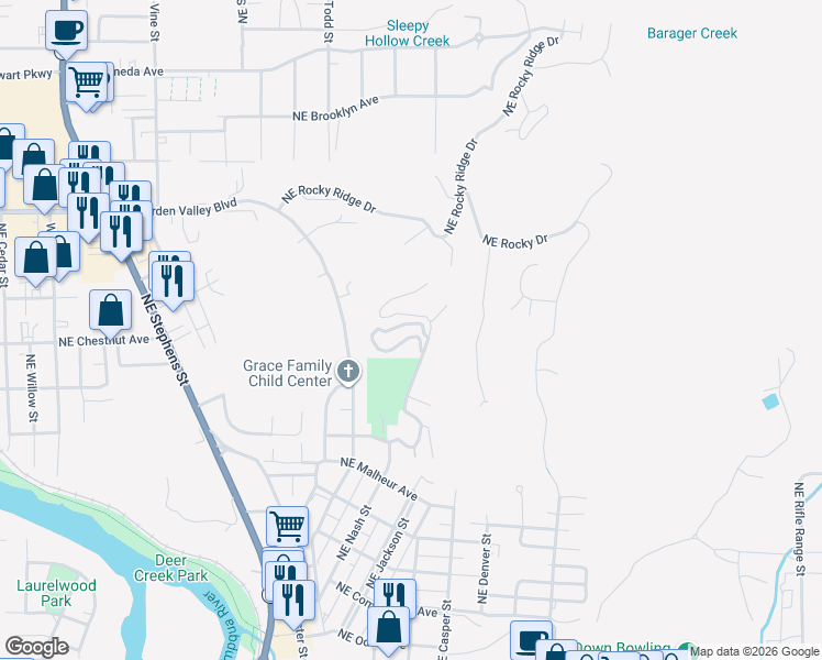 map of restaurants, bars, coffee shops, grocery stores, and more near 2 Northeast Spyglass Loop in Roseburg