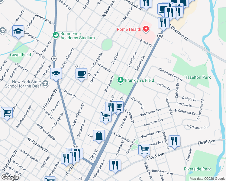 map of restaurants, bars, coffee shops, grocery stores, and more near 150 East Locust Street in Rome