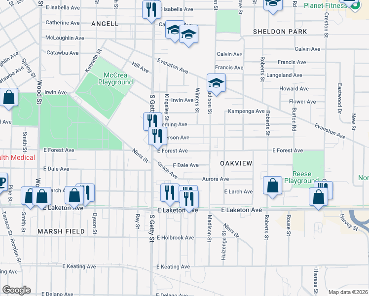 map of restaurants, bars, coffee shops, grocery stores, and more near 914 East Forest Avenue in Muskegon