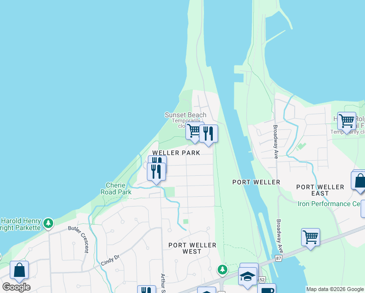 map of restaurants, bars, coffee shops, grocery stores, and more near 65 Bogart Street in St. Catharines