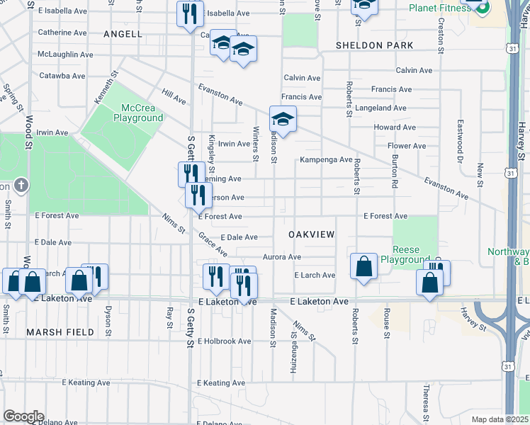 map of restaurants, bars, coffee shops, grocery stores, and more near 982 East Forest Avenue in Muskegon