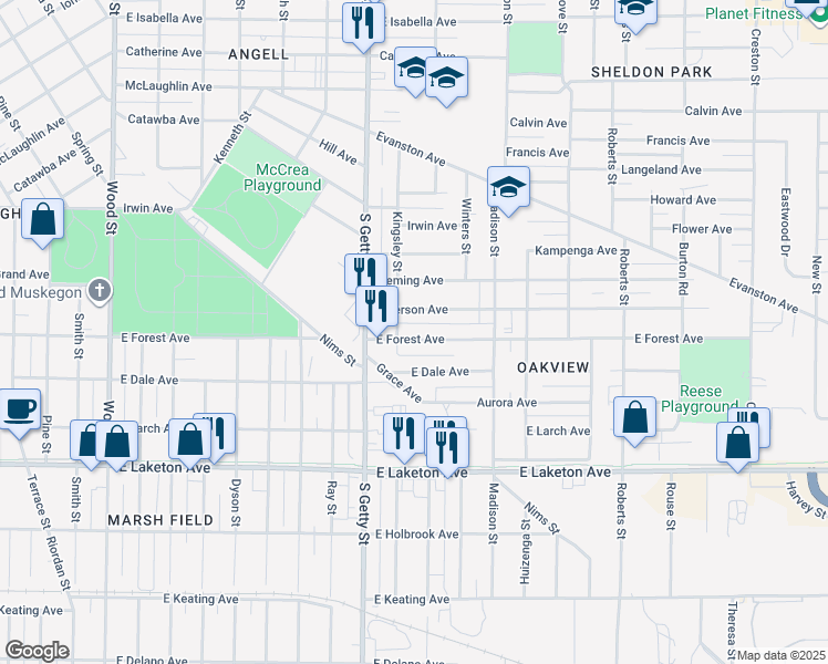 map of restaurants, bars, coffee shops, grocery stores, and more near 865 Emerson Avenue in Muskegon