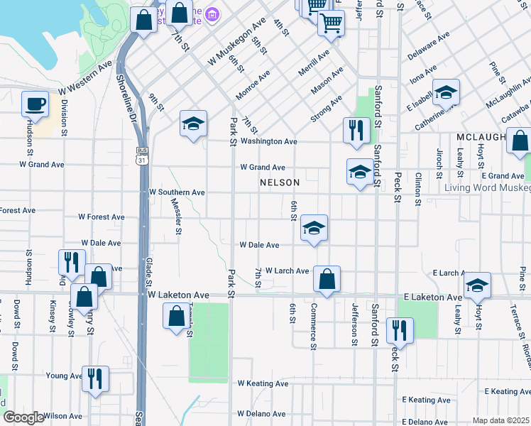 map of restaurants, bars, coffee shops, grocery stores, and more near 372 West Southern Avenue in Muskegon