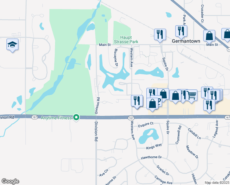 map of restaurants, bars, coffee shops, grocery stores, and more near N113W16967 Murillo Drive in Germantown