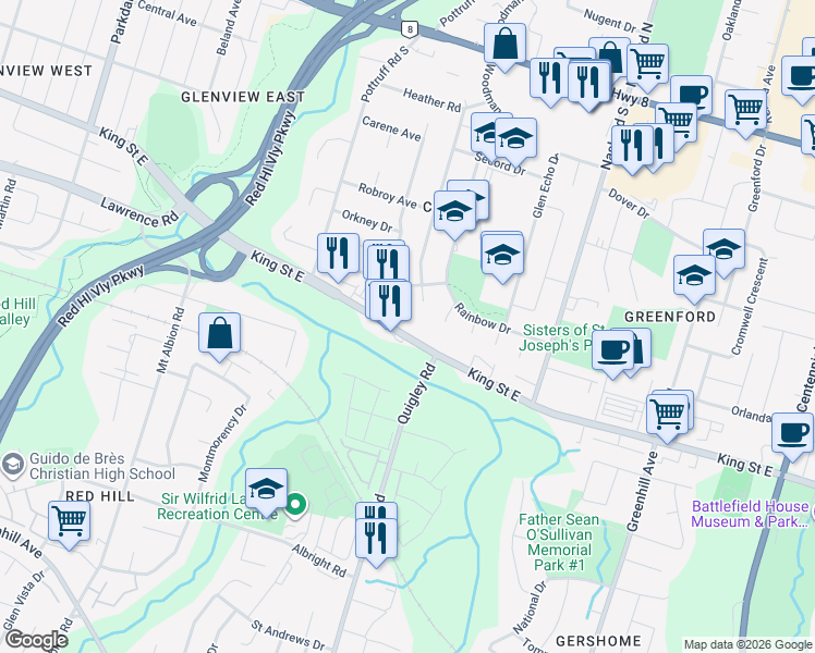 map of restaurants, bars, coffee shops, grocery stores, and more near 2601 King Street East in Hamilton