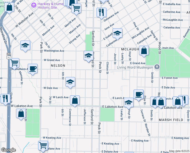 map of restaurants, bars, coffee shops, grocery stores, and more near 1562 Sanford Street in Muskegon
