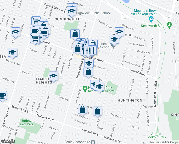 map of restaurants, bars, coffee shops, grocery stores, and more near 1 Brentwood Drive in Hamilton