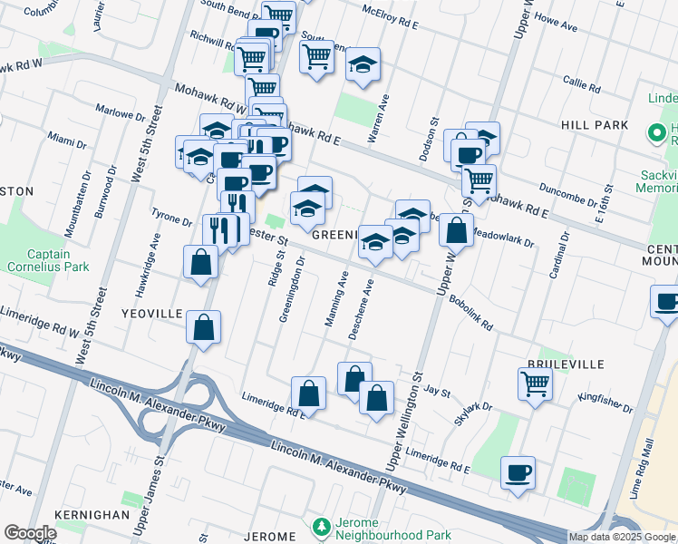 map of restaurants, bars, coffee shops, grocery stores, and more near 96 Manning Avenue in Hamilton
