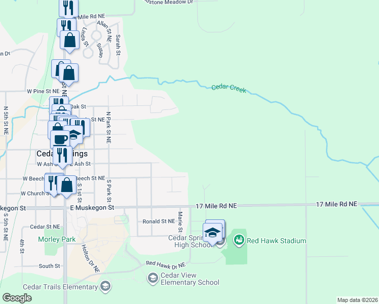 map of restaurants, bars, coffee shops, grocery stores, and more near in Cedar Springs