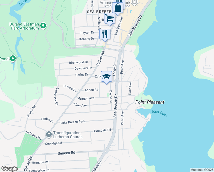 map of restaurants, bars, coffee shops, grocery stores, and more near 95 Point Pleasant Road in Rochester