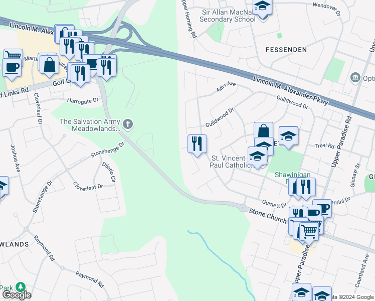 map of restaurants, bars, coffee shops, grocery stores, and more near 19 Susan Drive in Hamilton