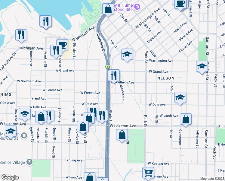 map of restaurants, bars, coffee shops, grocery stores, and more near 1600 Glade Street in Muskegon