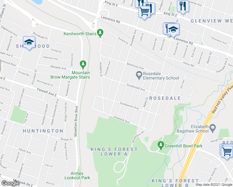 map of restaurants, bars, coffee shops, grocery stores, and more near 279 Rosedale Avenue in Hamilton