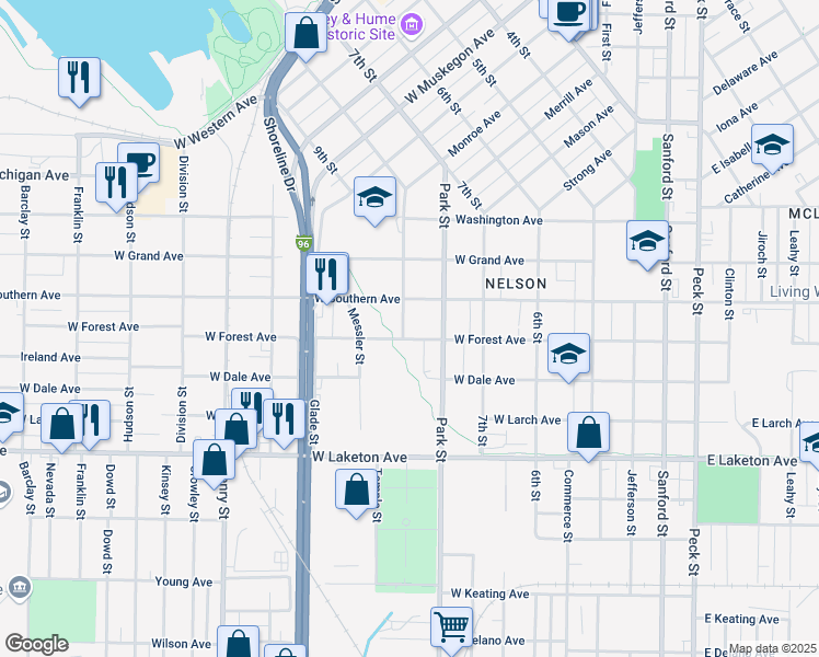 map of restaurants, bars, coffee shops, grocery stores, and more near 1596 8th Street in Muskegon