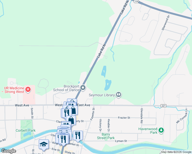 map of restaurants, bars, coffee shops, grocery stores, and more near 3980 Lake Road North in Brockport