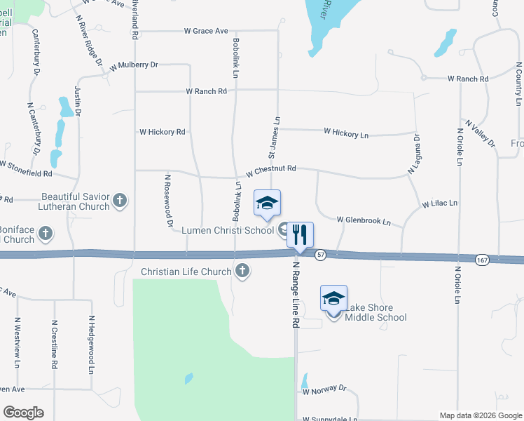 map of restaurants, bars, coffee shops, grocery stores, and more near 11317 Saint James Lane in Mequon