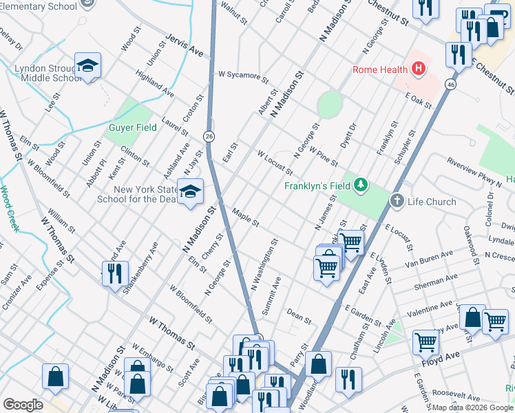 map of restaurants, bars, coffee shops, grocery stores, and more near 305 West Linden Street in Rome