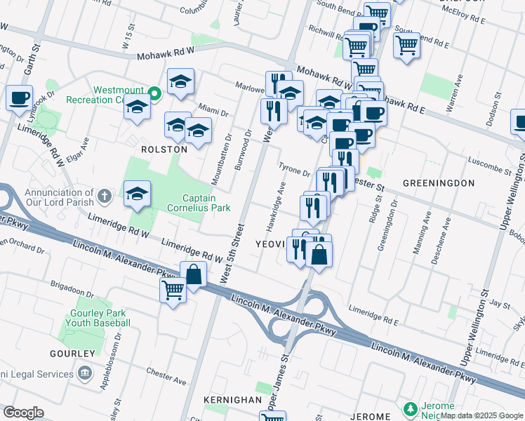 map of restaurants, bars, coffee shops, grocery stores, and more near 59 Jameston Avenue in Hamilton