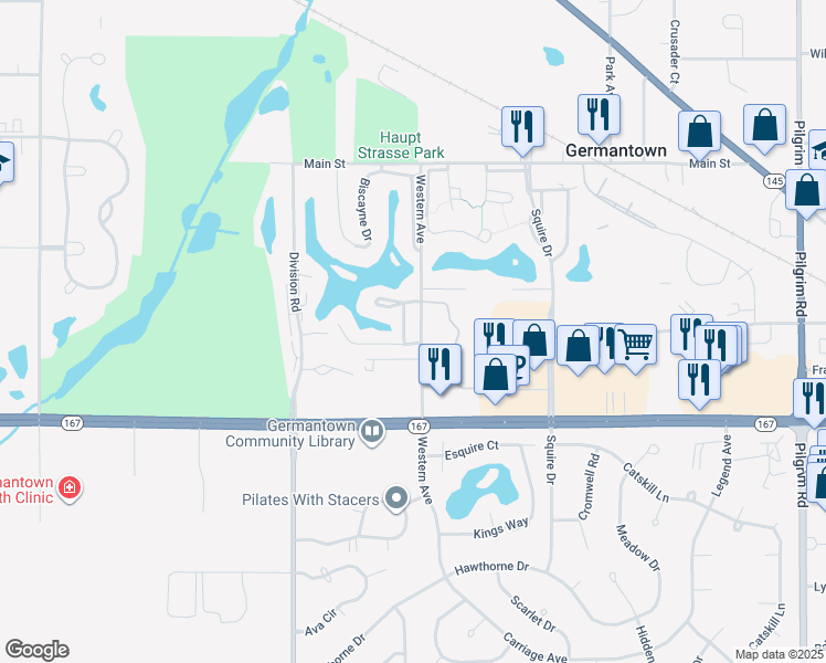 map of restaurants, bars, coffee shops, grocery stores, and more near W168 N11351 Stone Way in Germantown