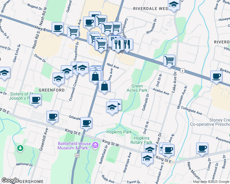 map of restaurants, bars, coffee shops, grocery stores, and more near 57 Felker Crescent in Hamilton