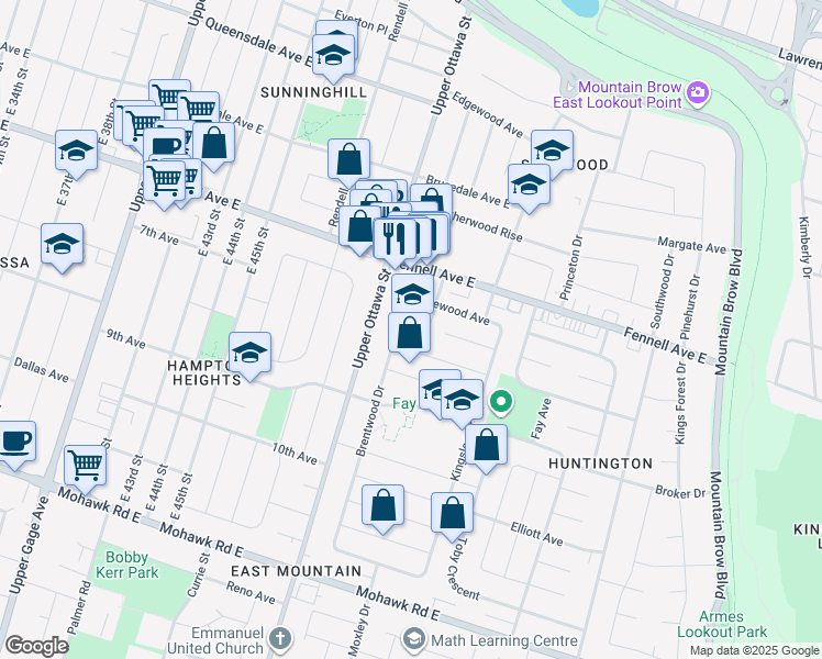 map of restaurants, bars, coffee shops, grocery stores, and more near 1 Brentwood Drive in Hamilton