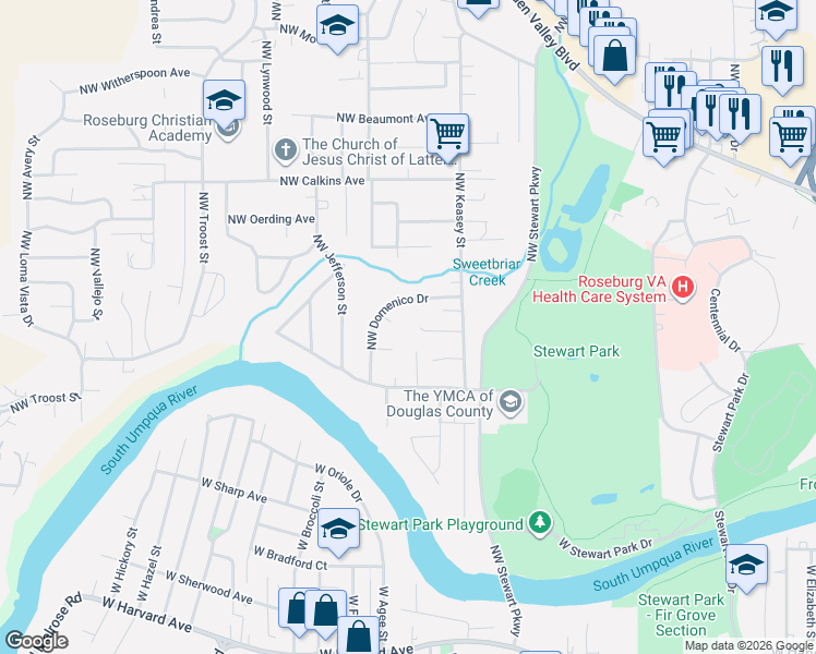 map of restaurants, bars, coffee shops, grocery stores, and more near 1602 Northwest Primrose Lane in Roseburg