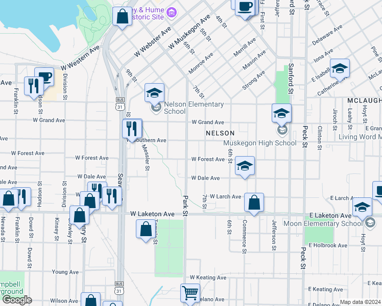 map of restaurants, bars, coffee shops, grocery stores, and more near 1580 Park Street in Muskegon