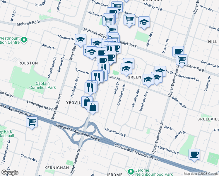 map of restaurants, bars, coffee shops, grocery stores, and more near 17 Victor Boulevard in Hamilton