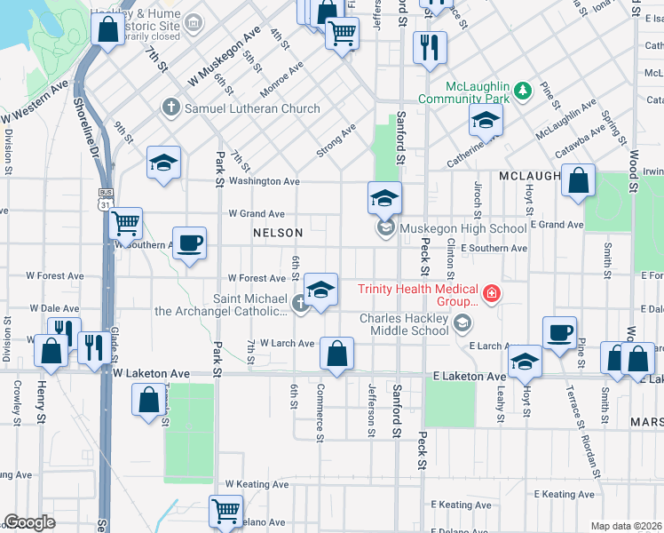 map of restaurants, bars, coffee shops, grocery stores, and more near 1578 5th Street in Muskegon