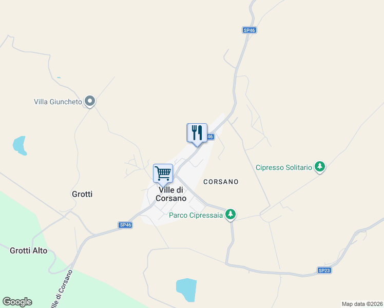 map of restaurants, bars, coffee shops, grocery stores, and more near 557-573 Strada Provinciale 23 delle Ville di Corsano in Ville di Corsano
