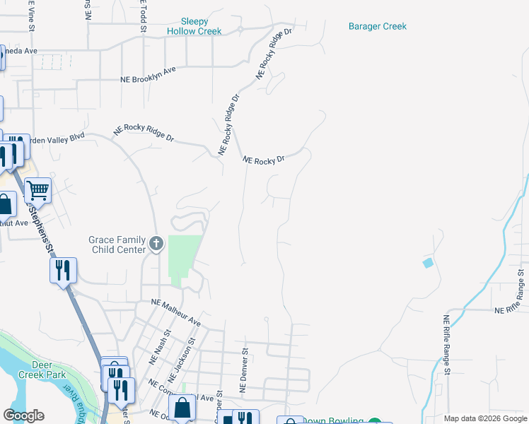 map of restaurants, bars, coffee shops, grocery stores, and more near 1688 Northeast Ruby Court in Roseburg