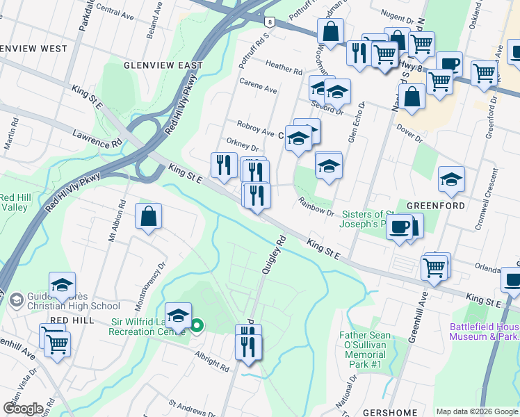 map of restaurants, bars, coffee shops, grocery stores, and more near 2583 King Street East in Hamilton