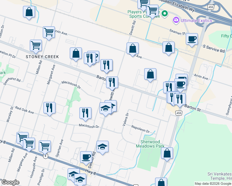 map of restaurants, bars, coffee shops, grocery stores, and more near 291 Dewitt Road in Hamilton