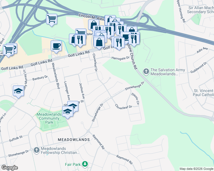 map of restaurants, bars, coffee shops, grocery stores, and more near 137 Cloverleaf Drive in Hamilton