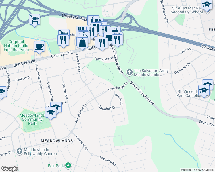 map of restaurants, bars, coffee shops, grocery stores, and more near 15 Playfair Court in Hamilton