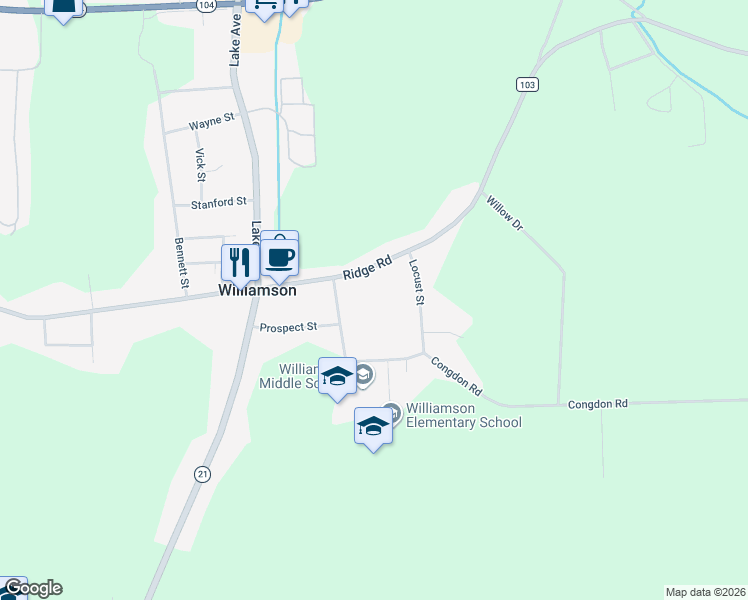 map of restaurants, bars, coffee shops, grocery stores, and more near 4194 Ridge Road in Williamson