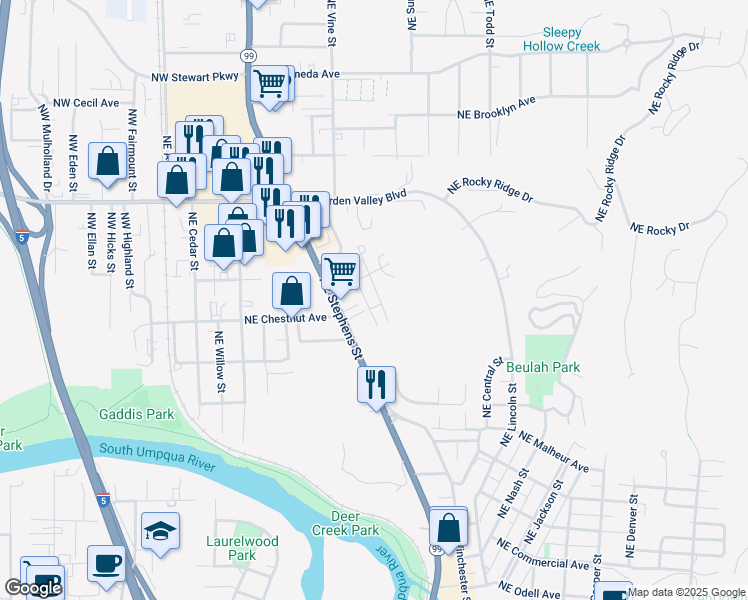 map of restaurants, bars, coffee shops, grocery stores, and more near 1113 Northeast Grandview Drive in Roseburg