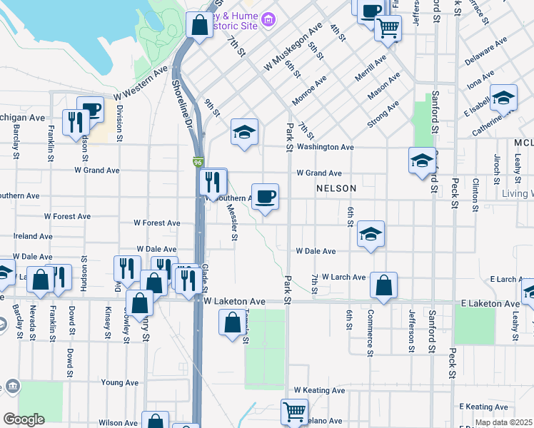 map of restaurants, bars, coffee shops, grocery stores, and more near 1592 8th Street in Muskegon