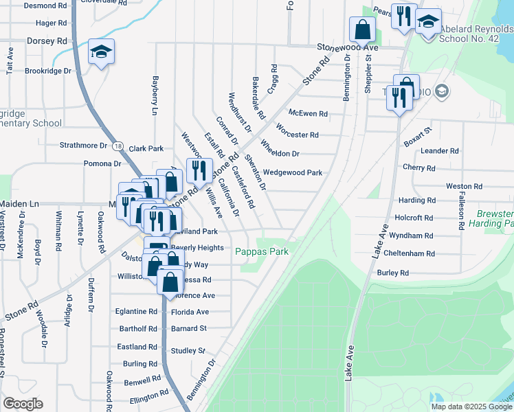 map of restaurants, bars, coffee shops, grocery stores, and more near 51 Castleford Road in Rochester