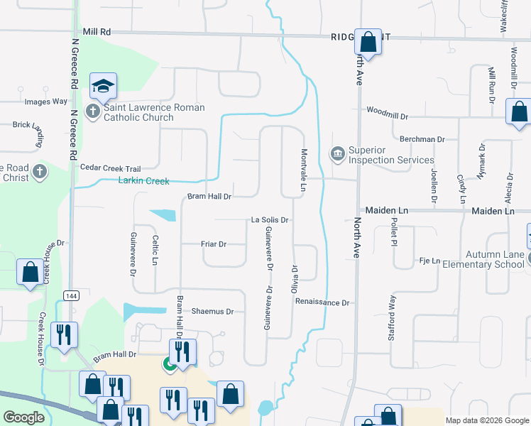 map of restaurants, bars, coffee shops, grocery stores, and more near 285 Bram Hall Drive in Rochester