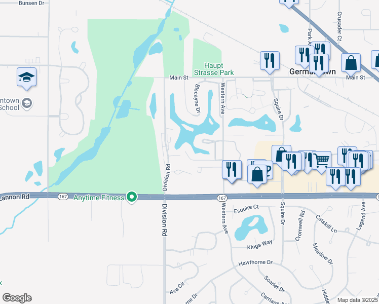 map of restaurants, bars, coffee shops, grocery stores, and more near N113W17036 Driftwood Court in Germantown